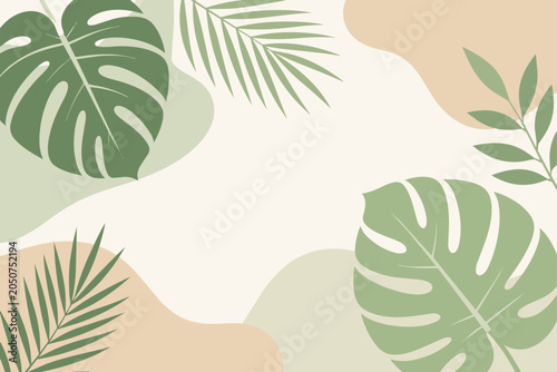 Tropical Botanical Abstract Background with Monstera and Palm Leaves