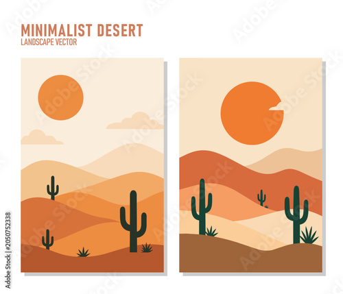 Minimalist Desert Landscape Vector with Cactus and Sunset Dunes