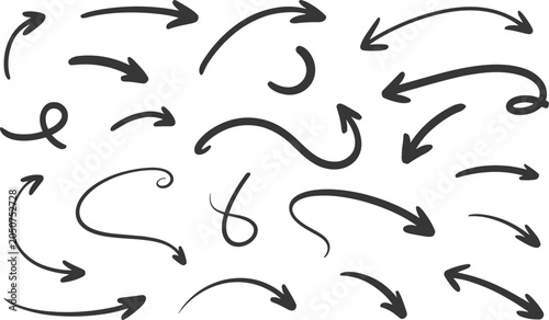 Comprehensive set of diverse hand-drawn black arrows featuring curved and straight lines on a clean white background.
