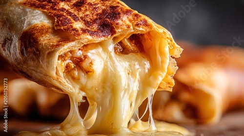 A macro shot of melted cheese stretching inside a burrito as it is pulled apart, highlighting elasticity and rich texture