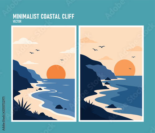Minimalist Coastal Cliff Landscape Vector with Ocean Sunset and Beach