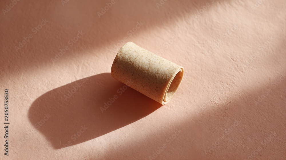 Obraz premium A minimalist composition of a single burrito placed slightly off-center on a pastel sand background with long, soft shadows and clean styling