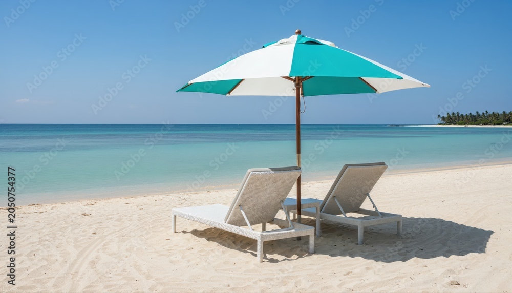 Fototapeta premium Serene Beach Escape: Two empty lounge chairs and a striped umbrella await under a clear blue sky on a tranquil white sand beach, overlooking the calm, turquoise ocean and a distant tropical coastline.
