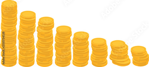 Fotografie Descending golden coins in a stack showing market loss under bright studio lighting on an isolated white background