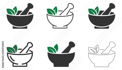 Foto Herbal Icon Set featuring mortar and pestle with leaves, natural remedies and we