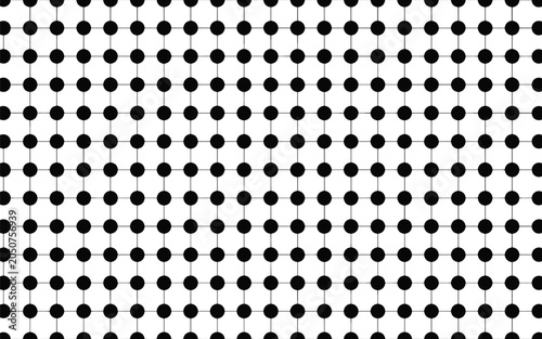 Fotografia Minimalist abstract background featuring a black dot grid and thin connecting lines on a clean white surface with flat lighting