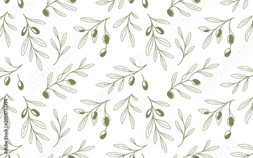 Elegant seamless pattern of green hand drawn olive branches with fruit on white background for a clean organic Mediterranean feel.