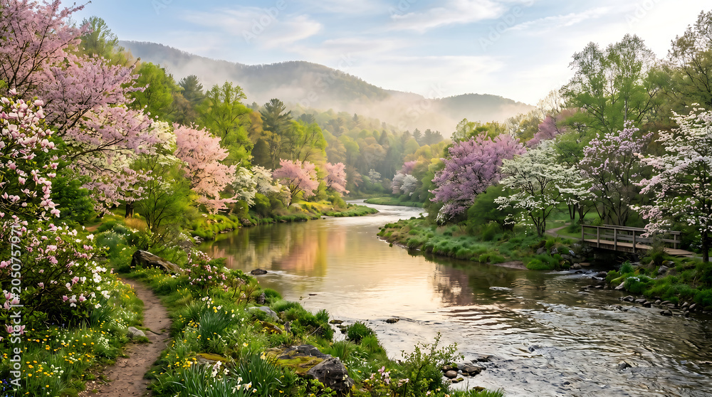 Fototapeta premium Serene river flowing through blooming spring mountain valley.
