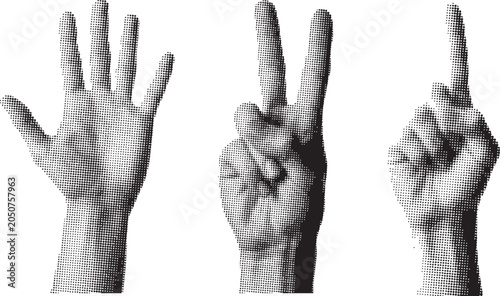 Fotografia Halftone texture human hands showing gestures isolated on white background