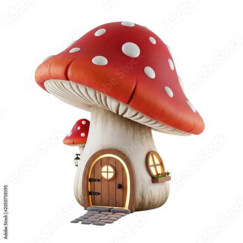 Whimsical 3D Render of a Red Mushroom Fairy House with Wooden Door and Stone Path.