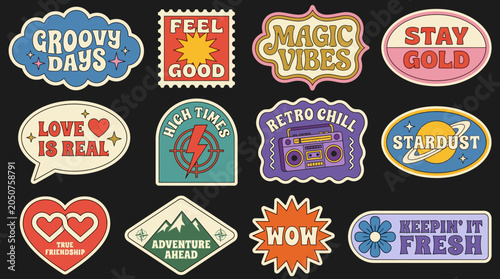 Collection of colorful retro vintage style sticker badges featuring positive slogans and diverse groovy graphic elements