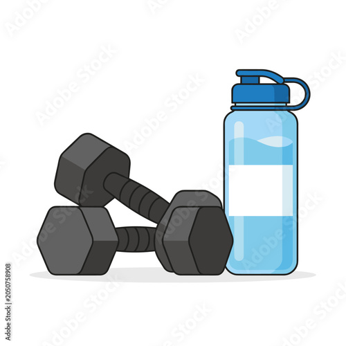 Two black dumbbells and a blue water bottle
