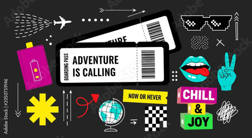 Fotografie Travel stickers featuring a suitcase and ticket on a black background with adventure and chill themes