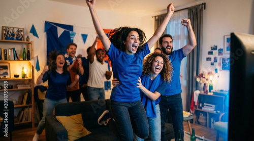 Enthusiastic multi-ethnic group of friends wearing blue sports jerseys celebrating a goal while watching a soccer match on TV in a decorated living room at home in the evening.