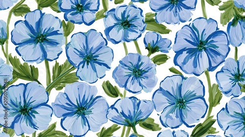 Seamless repeating floral pattern with soft painterly light blue blooms and green foliage on solid white background, dual-tone blue petals and green brushstroke stems