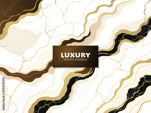 Luxury White Marble Abstract Background with Black and Gold Fluid Waves