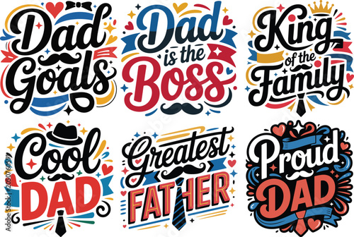 Collection of happy father's day lettering quotes for t-shirt designs and greeting cards.