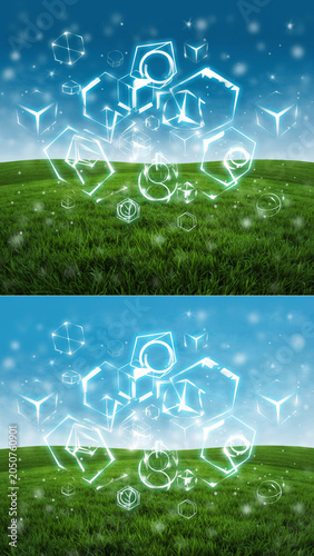 Digital holographic geometric shapes floating above a grassy field, creating a futuristic and abstract scene with glowing lines and 3D cubes in a vibrant outdoor setting.