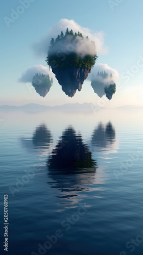 Floating islands with lush green trees hover above calm water, surrounded by misty clouds, creating a surreal, tranquil landscape with reflections on the water surface.