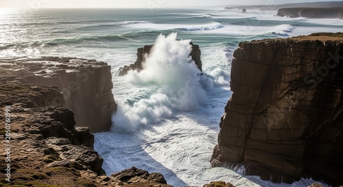 Powerful Ocean Waves Crashing Against Rocky Cliffs on the Coast