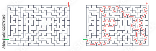 Red Escape Route Threading Through Minimal Black Maze With Green Entry Arrow For Printable Logic Puzzle