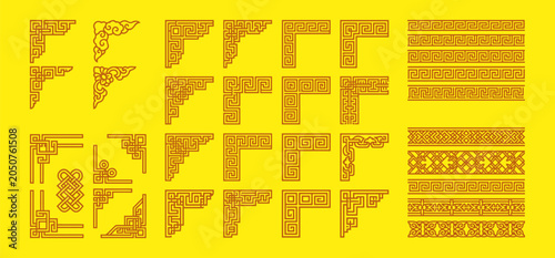 Golden Asian Border Set with Chinese Corner Ornaments and Traditional Patterns Vector