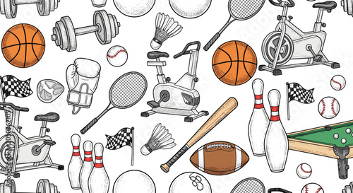 Seamless pattern and collage of diverse sports equipment including weights balls rackets flags and fitness machines.