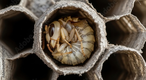 Wasp larva developing inside a honeycomb cell macro