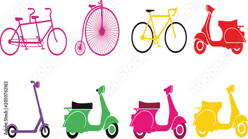 Картината върху платно Colorful vector collection of vintage bicycles tandem penny farthing modern road