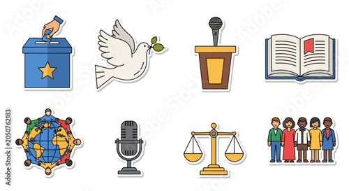 Obraz na płótnie Democracy and Human Rights Icons: Voting, Peace, Speech, Justice, Equality