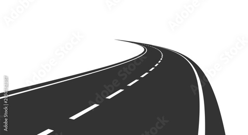 Perspective view of a winding two lane asphalt road with dashed white lines disappearing into the distance on white.