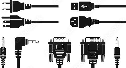 Electronic plug and cable connector vector silhouettes set including power cord usb vga and audio jacks in image_a4a762.png