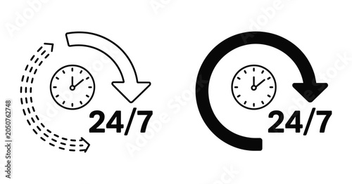 Slika na platnu Any time icon with 24/7 service clock symbol in black and white representing rou