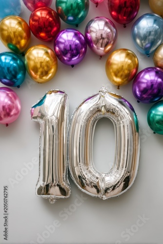Silver foil number ten balloon on a white background decorated with colorful metallic chrome balloons for a tenth birthday celebration