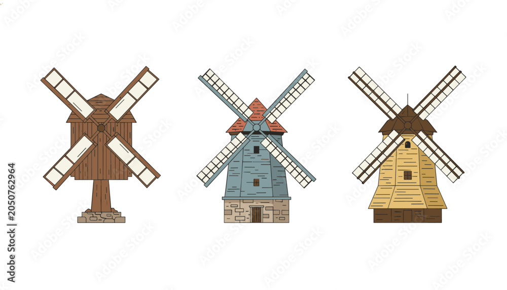 Obraz premium Three variations of traditional wooden windmills with rotating blades representing historical architecture and early renewable energy technology.