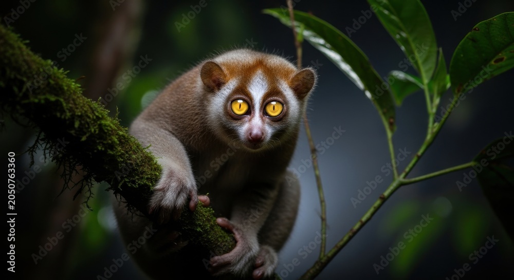 Fototapeta premium A Slow Loris with Bright Eyes Perched on a Mossy Branch