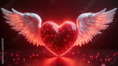 A glowing red heart with large feathered wings symbolizing love and freedom in a dark mystical atmosphere