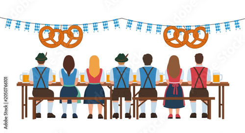 Schilderij op canvas Group of people sitting at a table celebrating Oktoberfest.