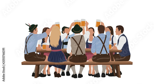 Fotografía Group of friends in traditional Bavarian clothing toasting with beer mugs at a table