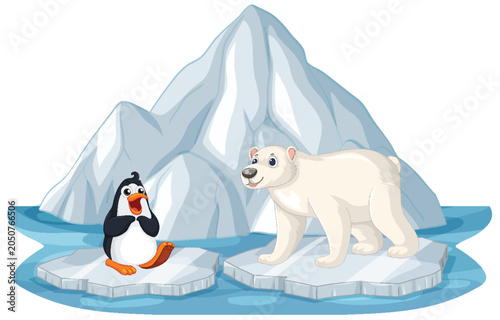 Cartoon Polar Bear and Penguin Standing on Floating Ice Floes