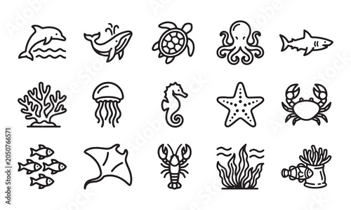 Foto Marine life and ocean creatures line icons set featuring diverse aquatic animals art