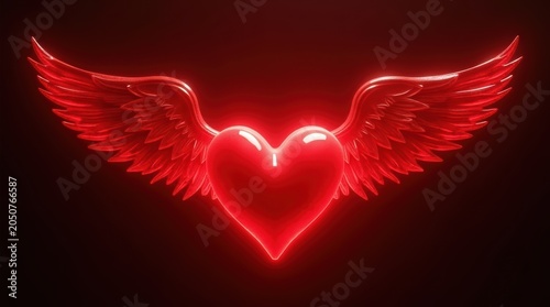 A glowing red heart with large feathered wings symbolizing love and romance on a dark background