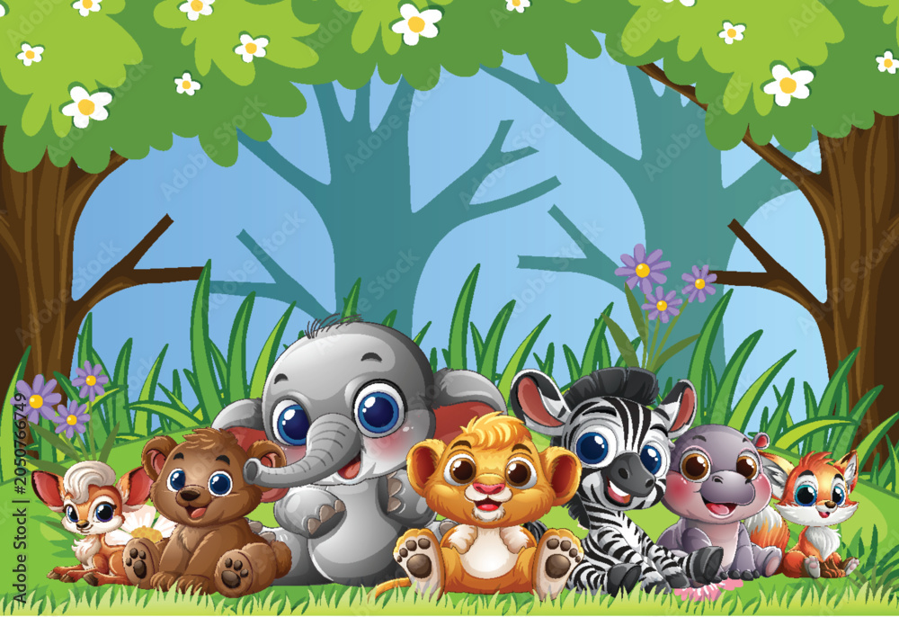 Obraz premium Cute Baby Jungle Animals Sitting in Forest Clearing