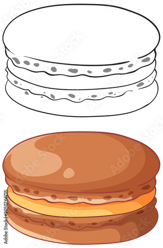 Chocolate Macaron Vector Illustration with Line Art and Colored Versions