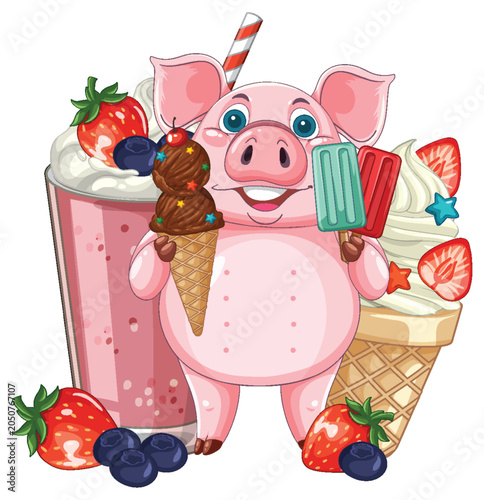 Cute Pink Pig Holding Ice Cream Cone and Popsicles with Milkshake