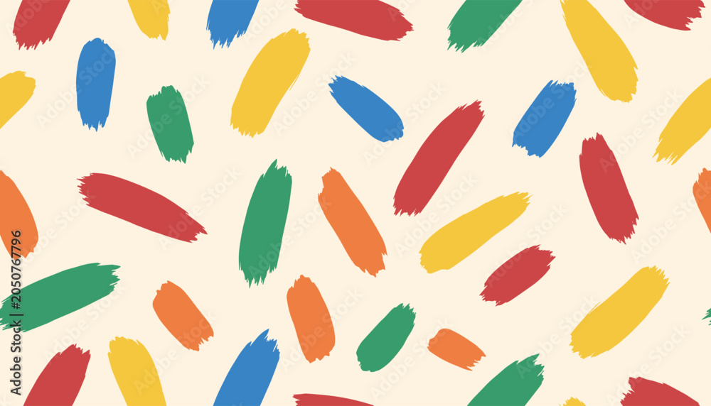 Fototapeta premium Seamless background pattern of colorful paint brush strokes in red, blue, green, and yellow over a beige area.