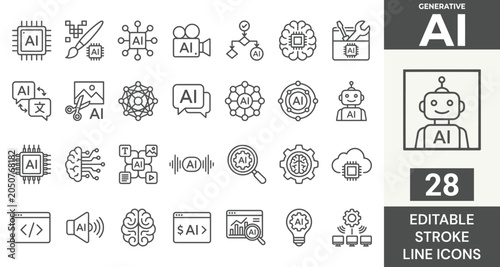 Bild auf Leinwand Generative AI line icon set featuring artificial intelligence, machine learning, chatbot, neural network, creativity, robot, and automation