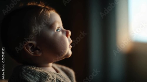 Curiosity Unveiled: A baby's profile, bathed in soft, warm light, gazes with wonder into the distance, capturing the innocence and burgeoning curiosity of early life.