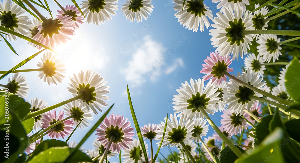 Obraz premium Vibrant flowers blooming under sunny blue sky with white clouds outdoors