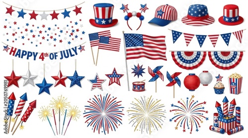 Patriotic 4th of July party elements collection, American Independence Day celebration icons set, red white and blue holiday decorations and fireworks
